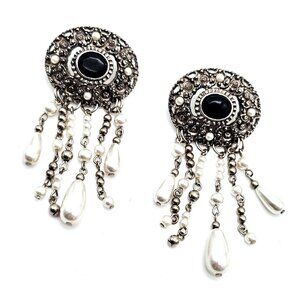 Vintage Dangle Earrings, Black Oval Cabochon, Faux Pearl Fringe, Silver Filigre